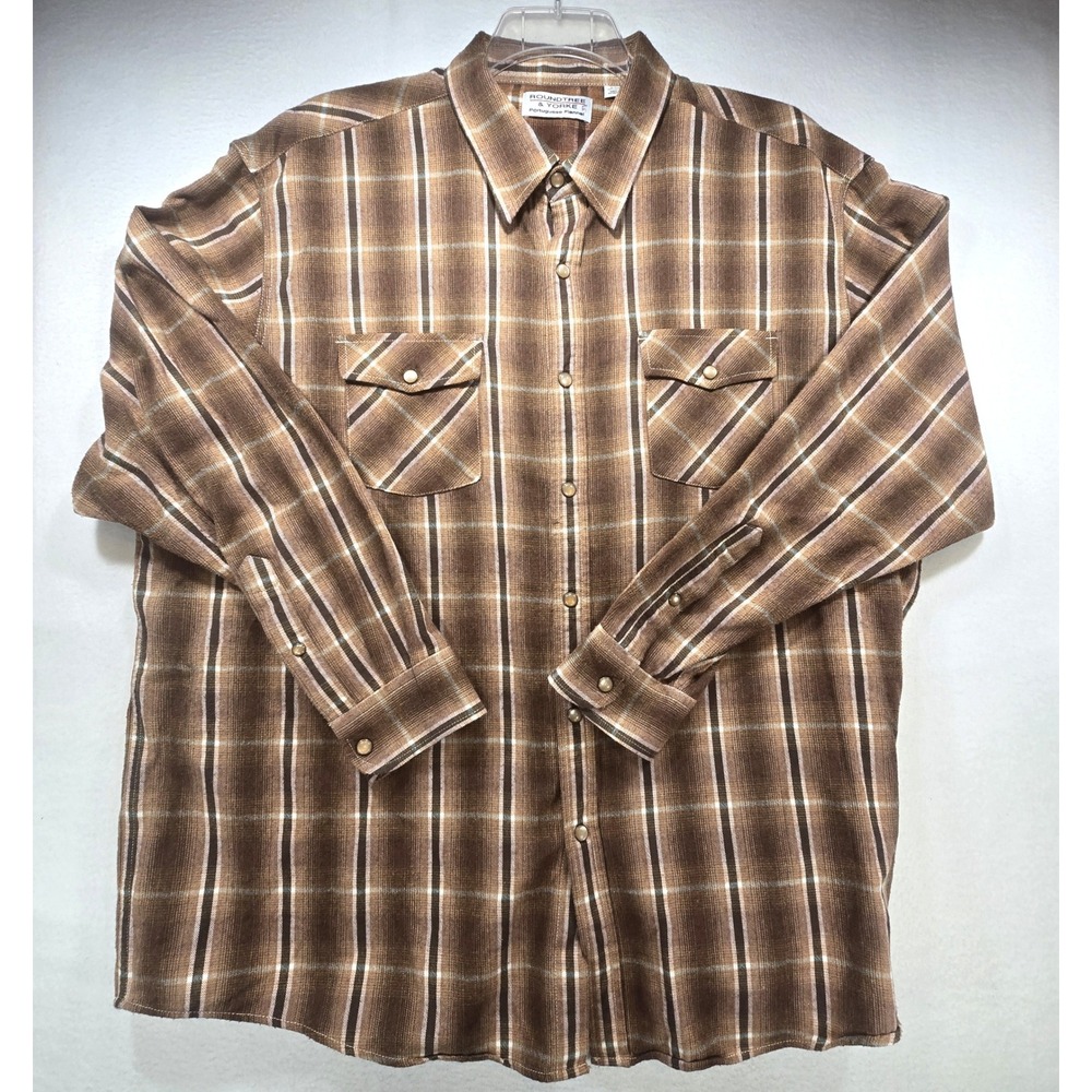 Roundtree & Yorke Portuguese Flannel Shirt Mens XXL Brown Plaid Western Yoke